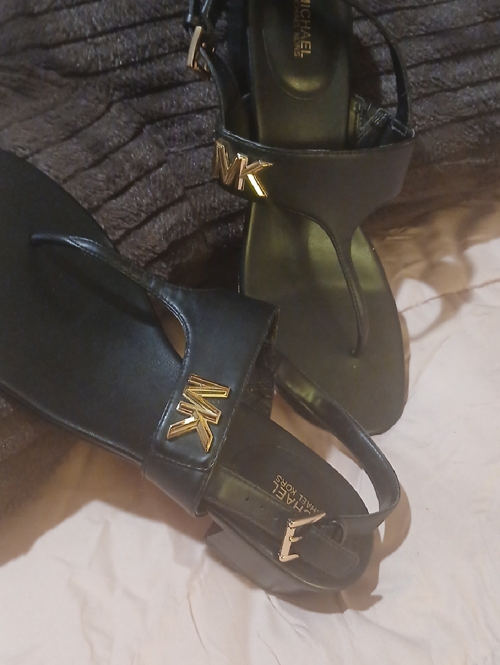 Michael Kors Black Sandals with Gold MK Hardware